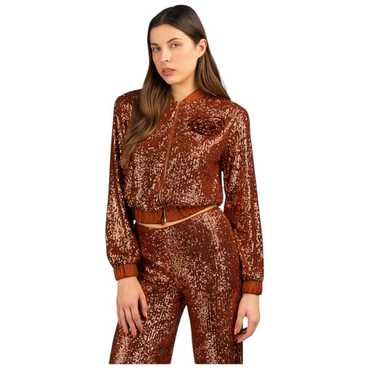 Blugirl Bronze Sequin Bomber Jacket with Rosette - 10