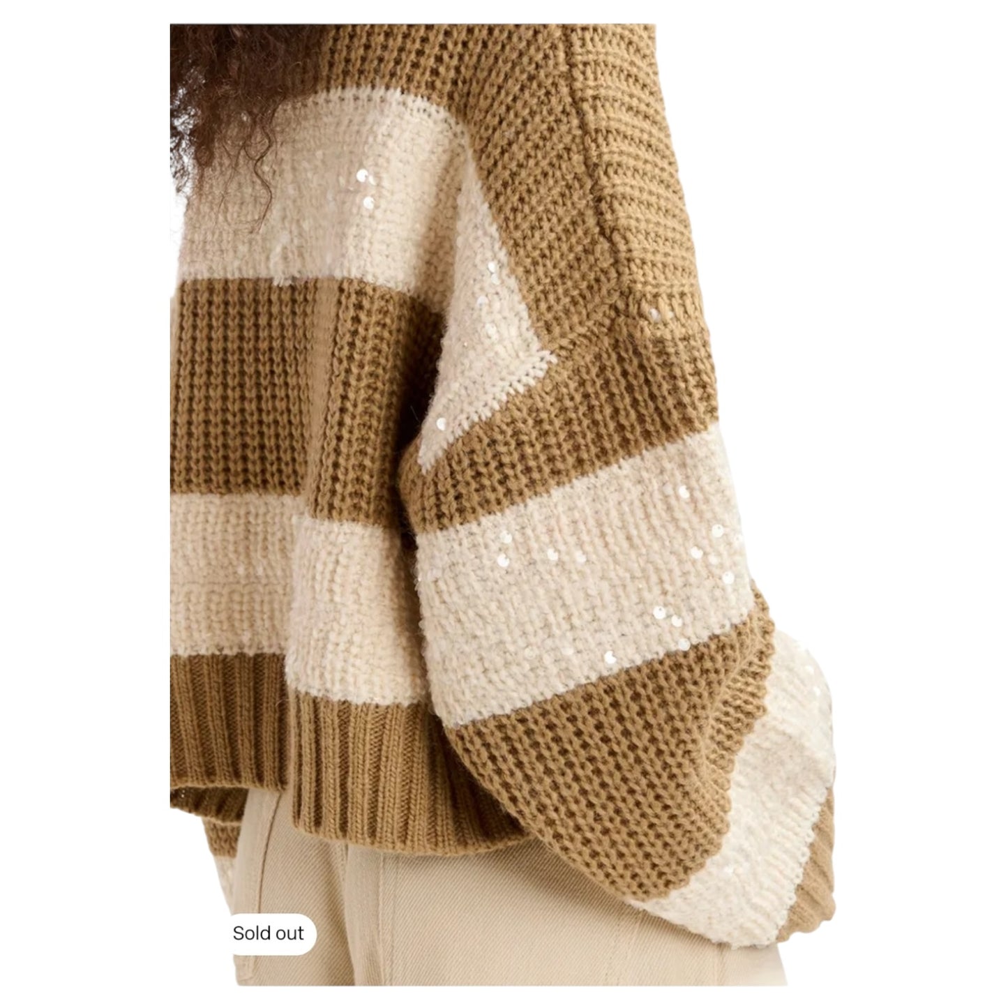 Essentiel Brown and Ecru Knit Sweater with Sequin-Embellished Stripes - 14/16 - NEW