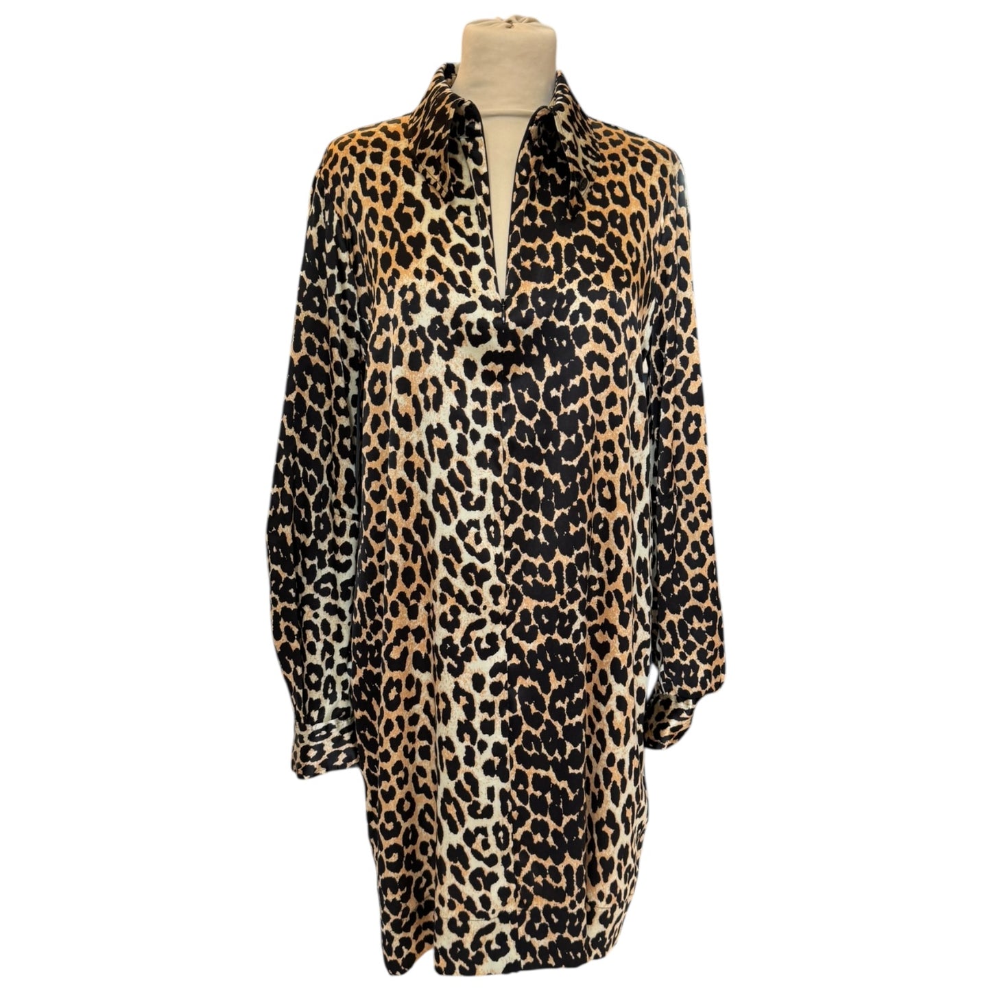 Ganni Leopard-Print Silk-Blend Satin Mini Shirtdress - 10