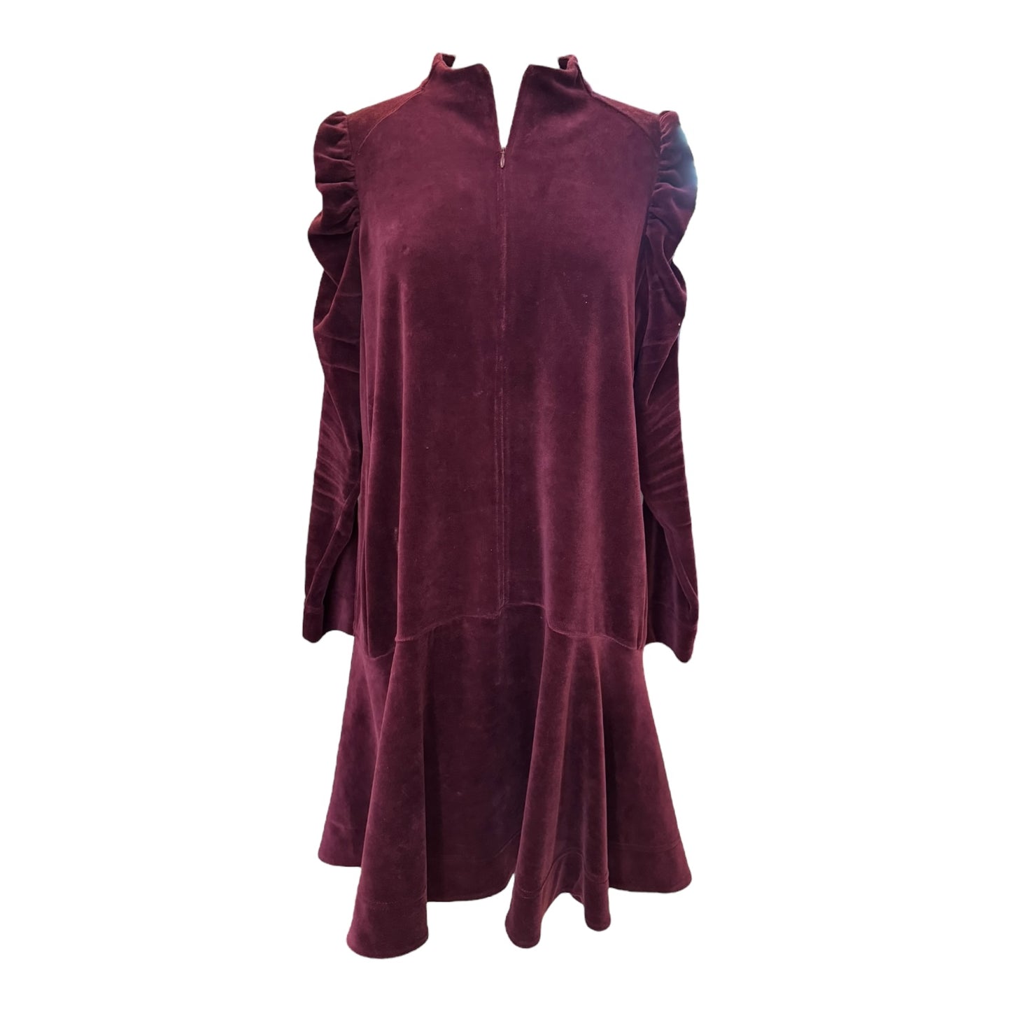 Me + Em Burgundy Ruche Sleeve Stretch Velvet Swing Dress - 12