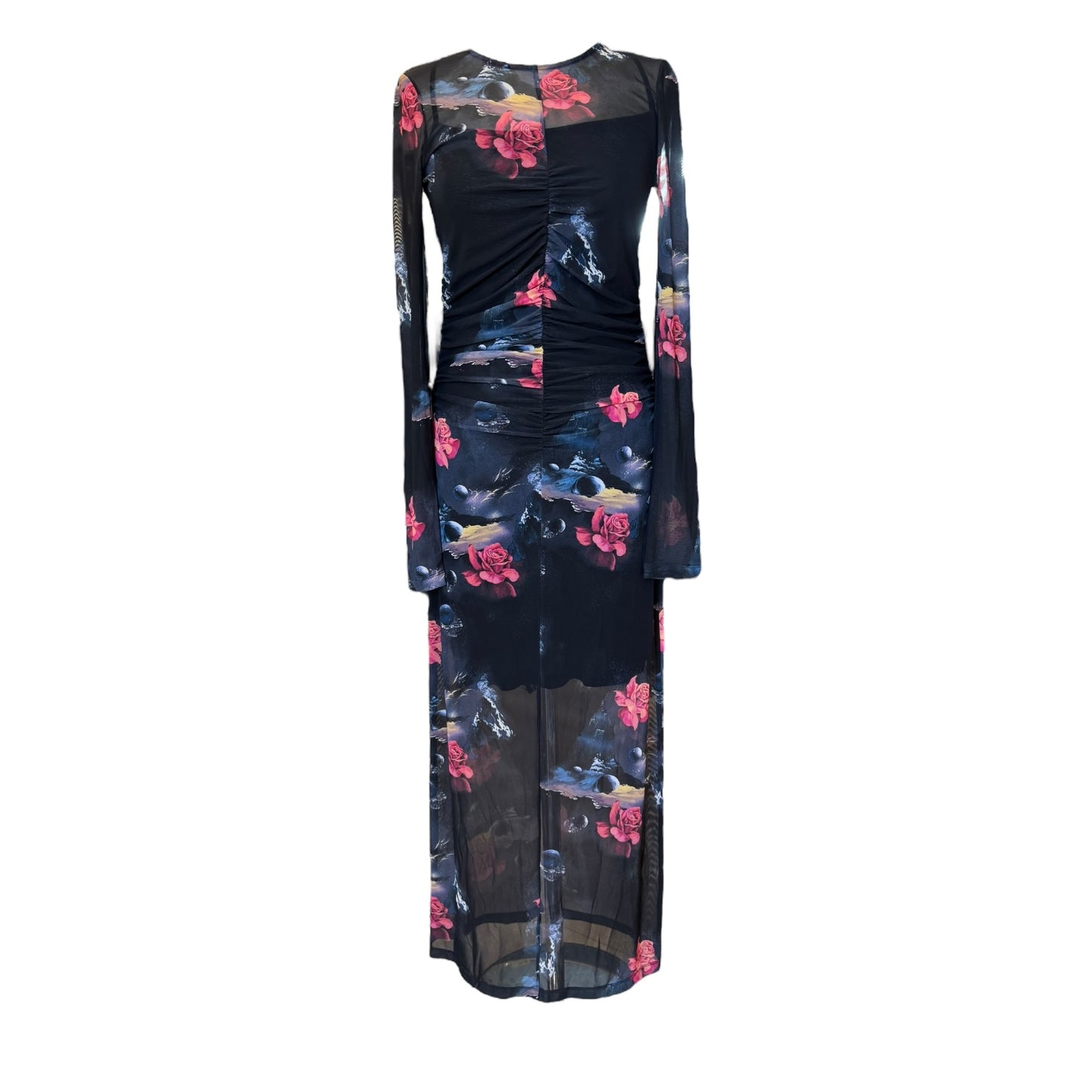 Ganni Black Ruched Floral Mesh Midi Dress - 8/10