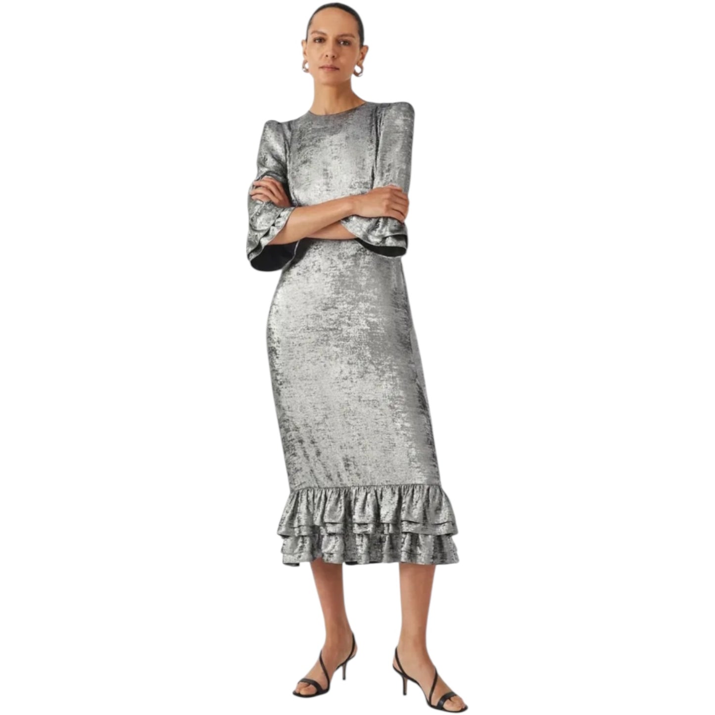 Mint Velvet Metallic Silver Midi Dress - 8 - NEW