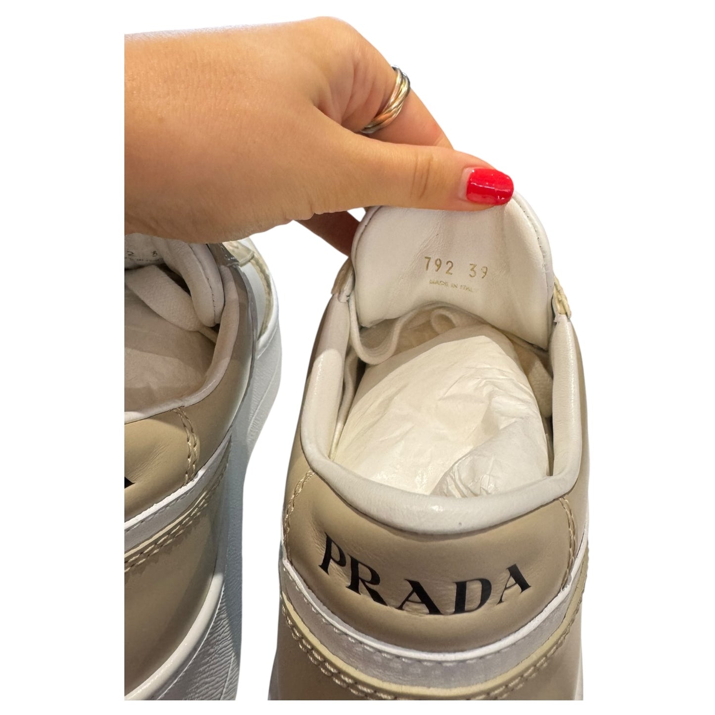 Prada Downtown Bold Leather Sneakers in Desert Beige and White - 39 / 6