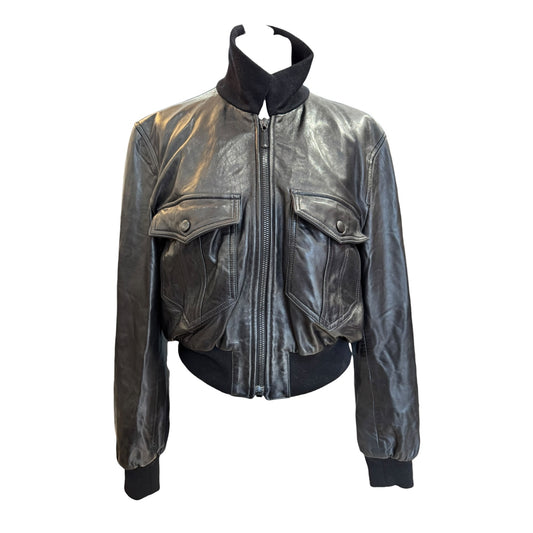 Escada Black Leather Cropped Bomber Jacket - 12