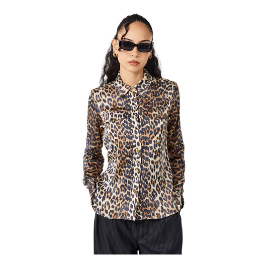 Ganni Satin Animal Print Long Sleeve Blouse - 14 - NEW