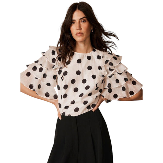 Mint Velvet Polka Dot Ruffle Linen Blend Top - 18 - NEW