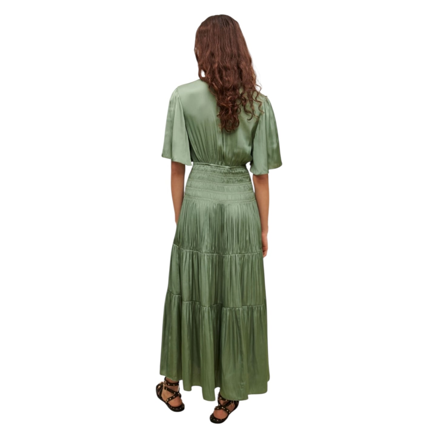 Maje Soft Green Satin Pleated Maxi Dress - 12