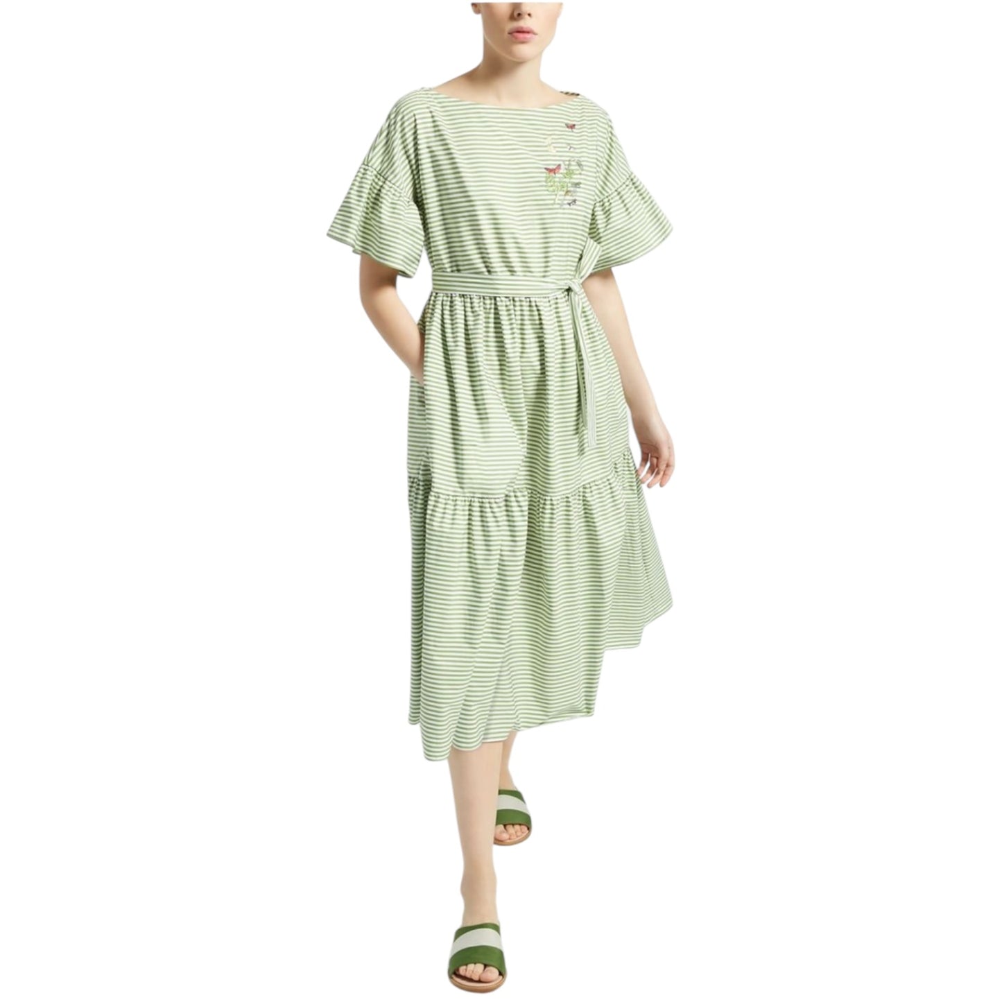 Max Mara Green Stripe Tiered Midi Dress - 12