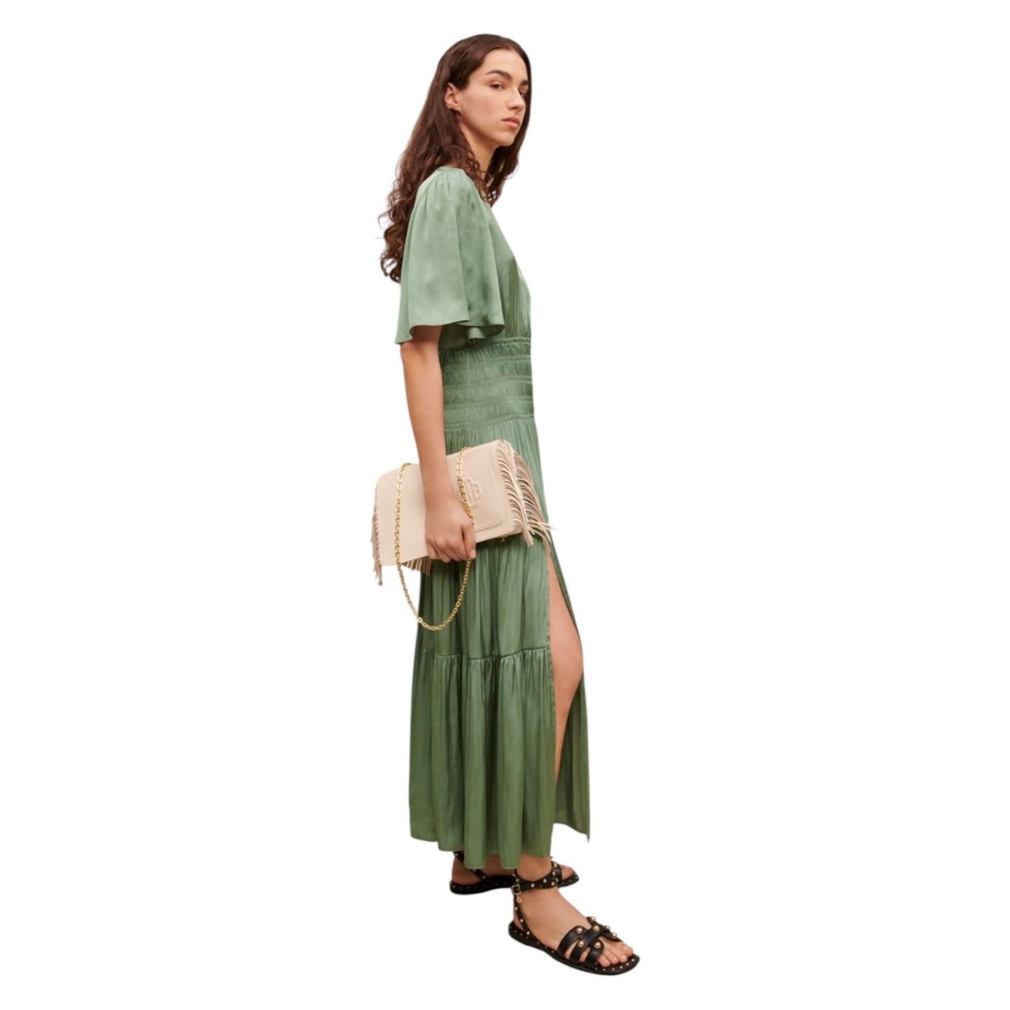 Maje Soft Green Satin Pleated Maxi Dress - 12