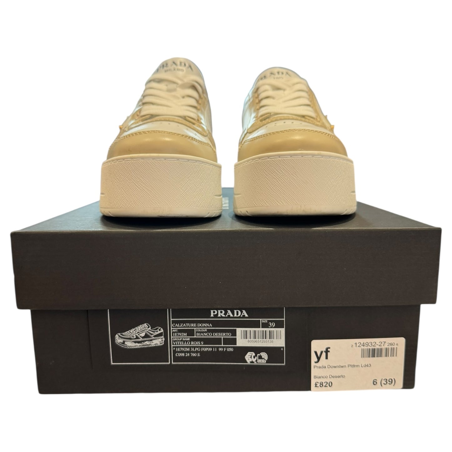 Prada Downtown Bold Leather Sneakers in Desert Beige and White - 39 / 6