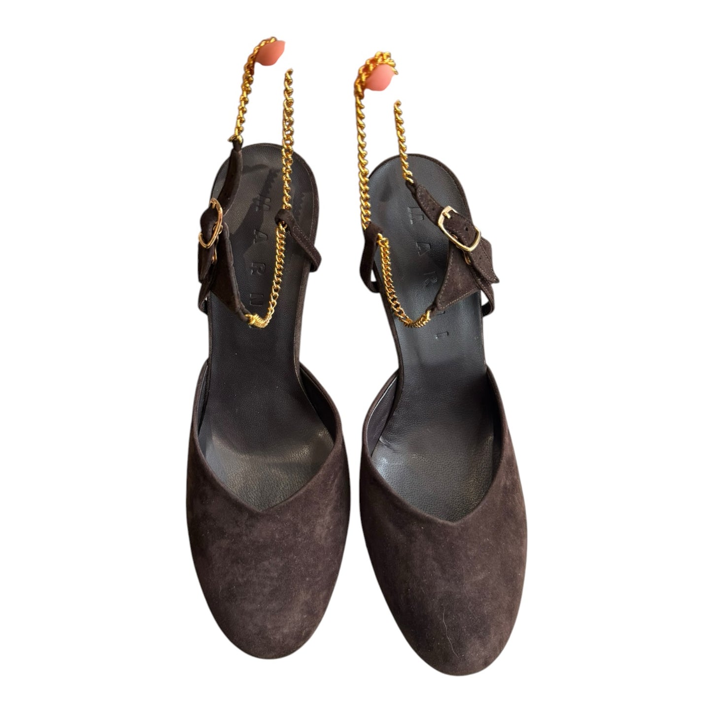 Marni Chocolate Brown Suede Heels with Gold Chain - 4/5 - NEW