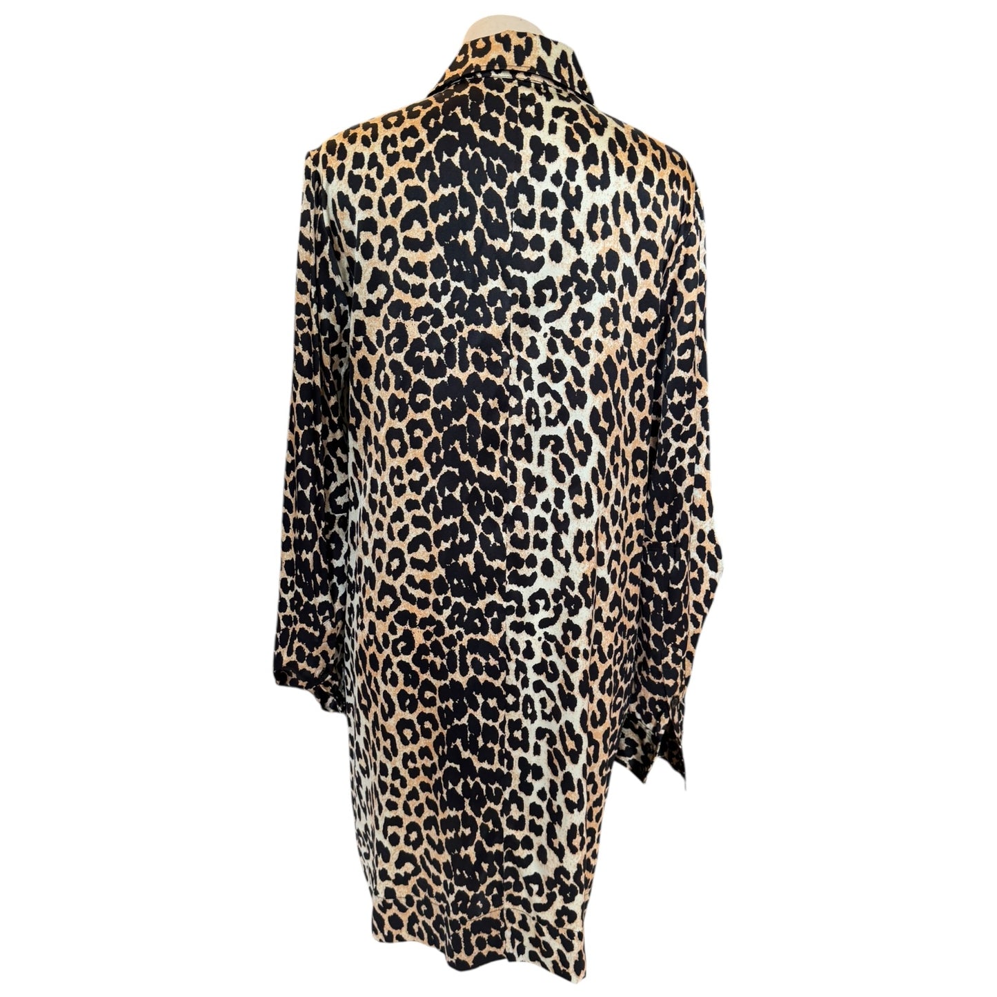 Ganni Leopard-Print Silk-Blend Satin Mini Shirtdress - 10
