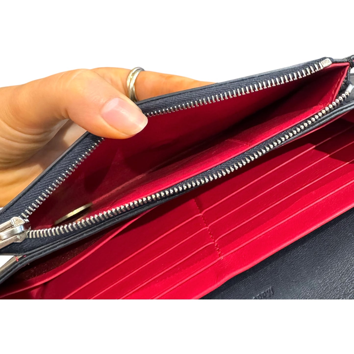 Celine Smooth Navy Blue Calfskin Wallet with Red Piping