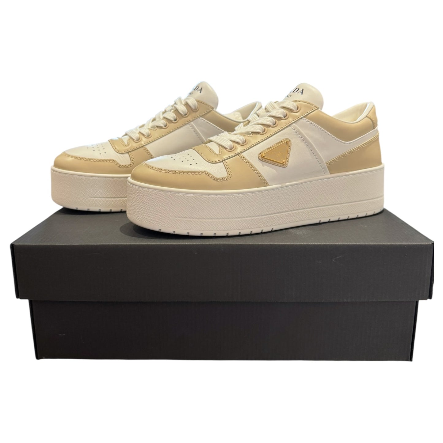 Prada Downtown Bold Leather Sneakers in Desert Beige and White - 39 / 6