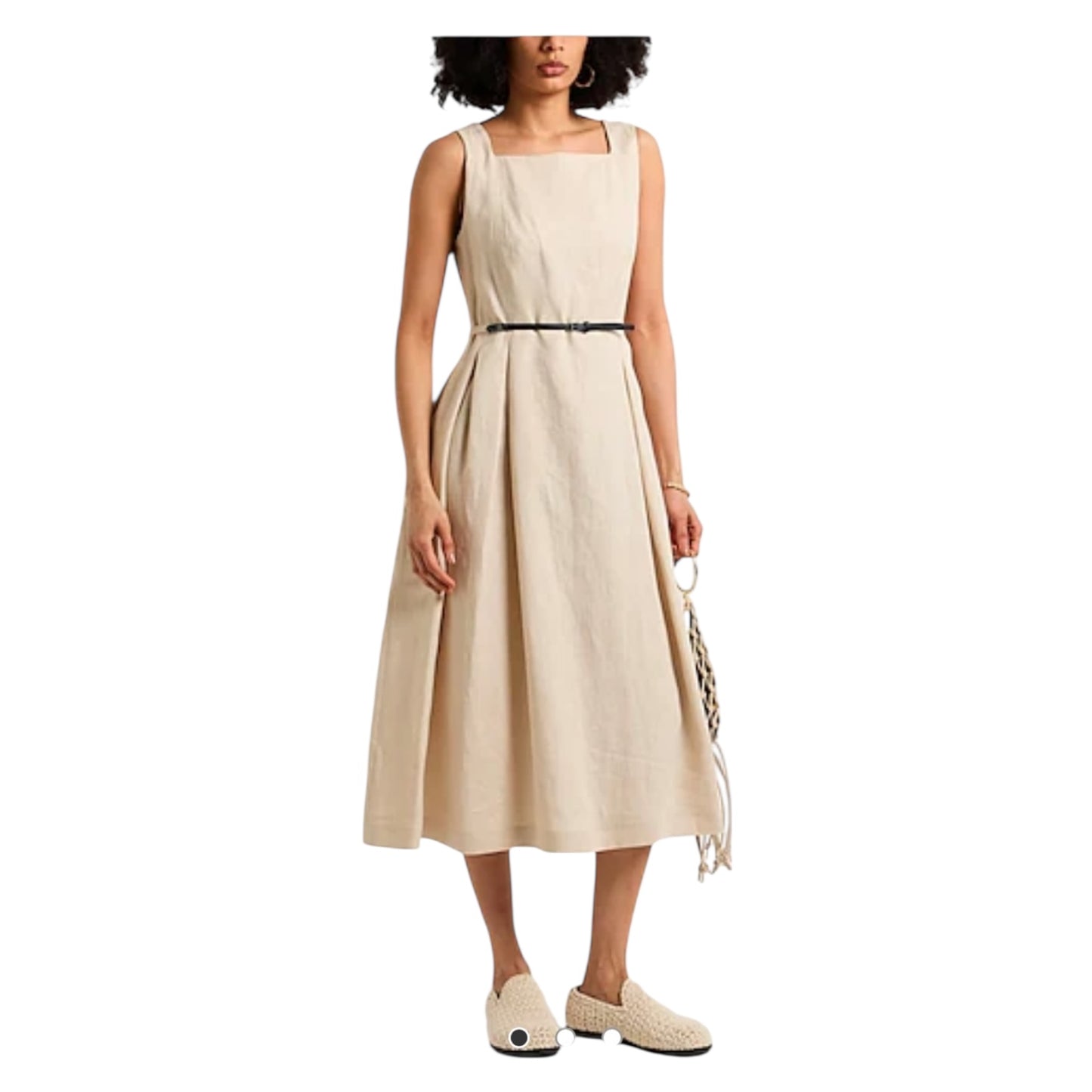 'S Max Mara Light Beige Linen Square Neck Midi Dress - 14