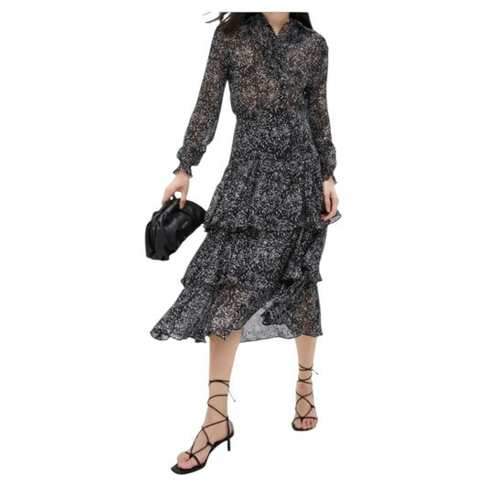 Maje Black, White and Gold Shimmer Silk Tiered Dress - 10