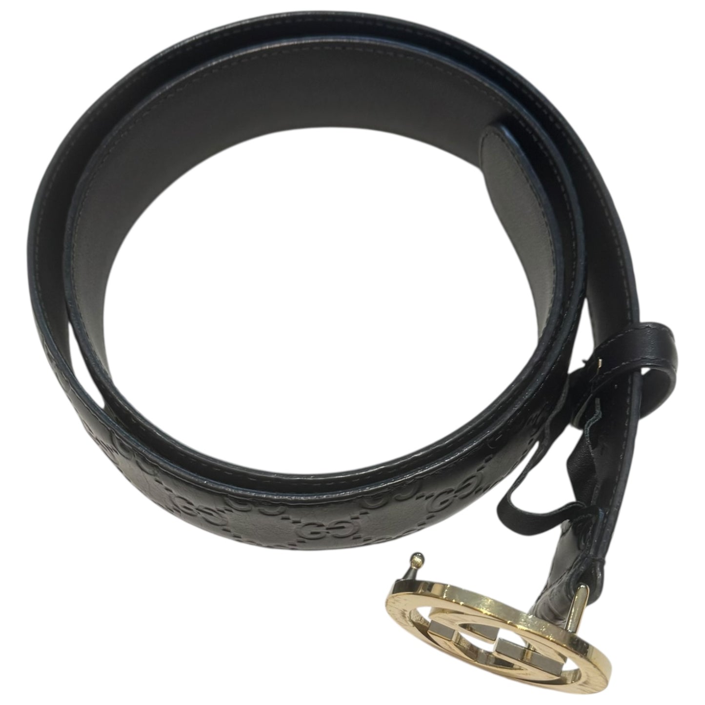 Gucci Black Guccissima Leather Belt with Gold Interlocking Buckle