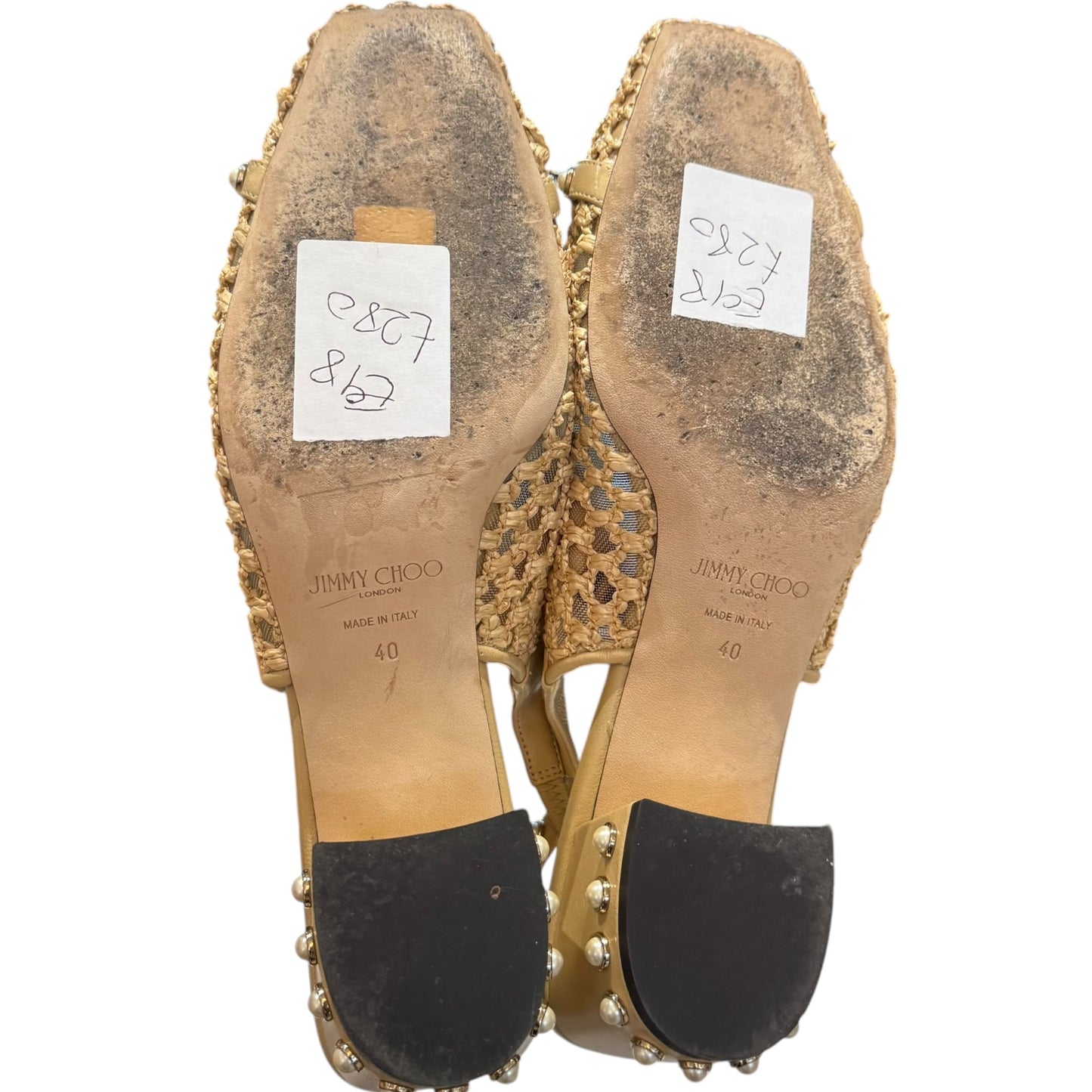 Jimmy Choo 'Hya' Raffia and Pearl Slingback Kitten Heels - 40/7