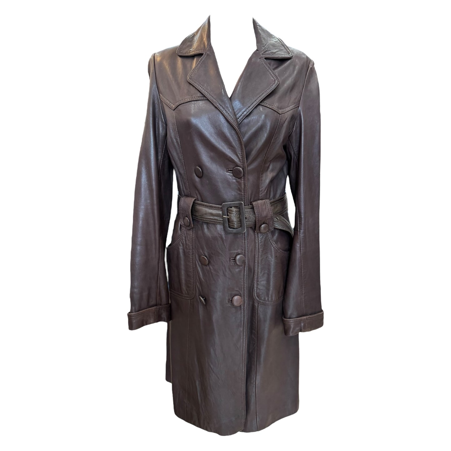 Savida Brown Leather Double Breasted Coat - 10/12