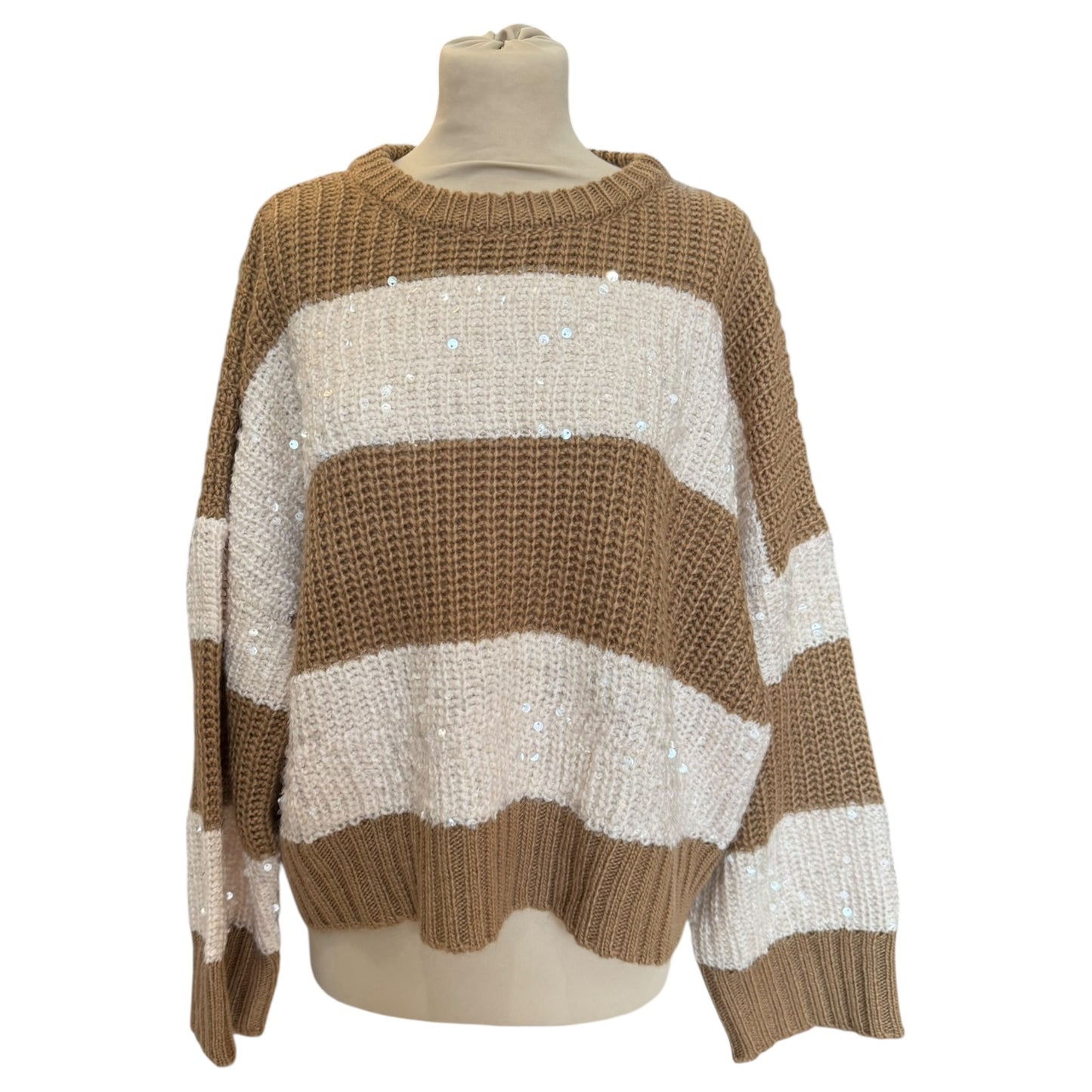 Essentiel Brown and Ecru Knit Sweater with Sequin-Embellished Stripes - 14/16 - NEW