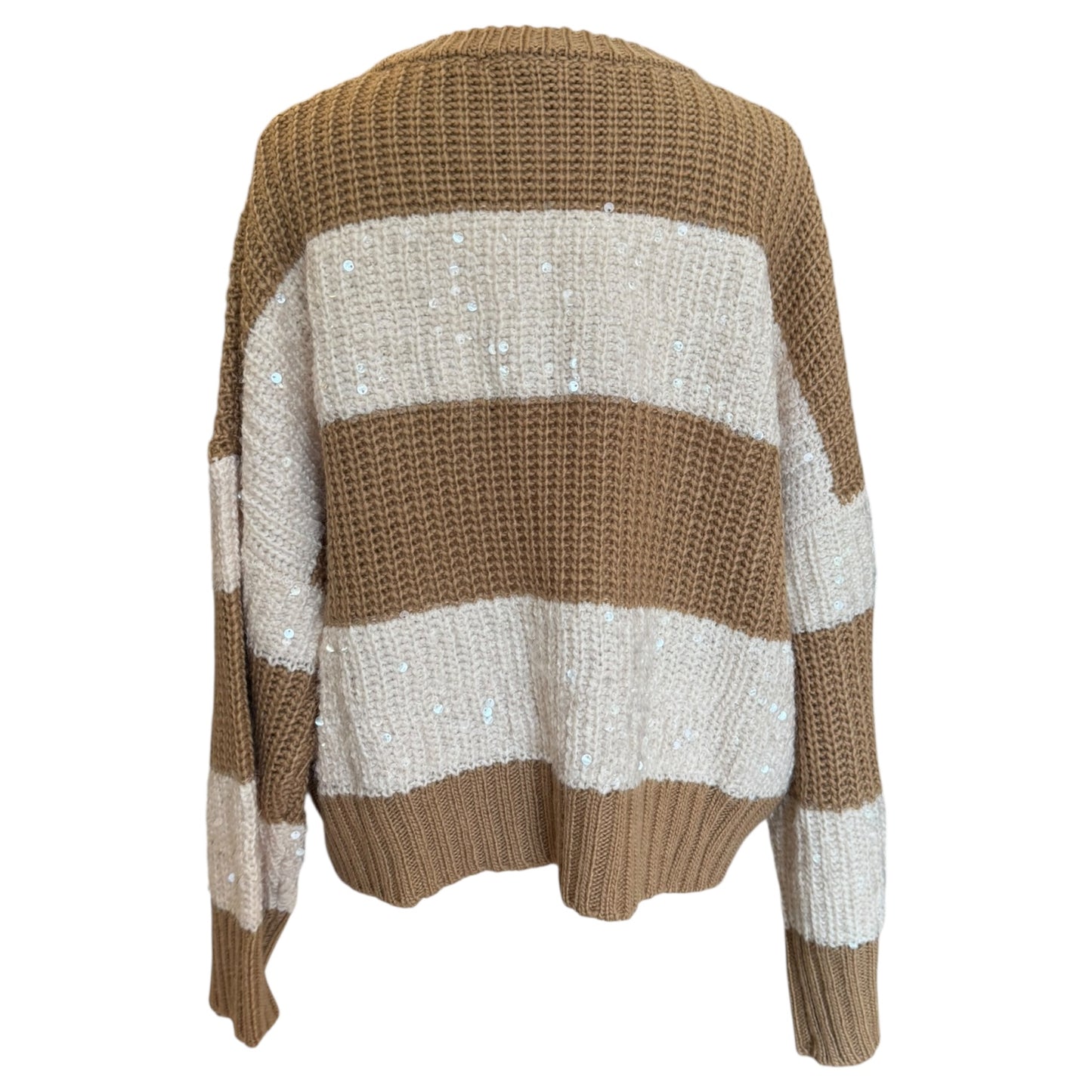 Essentiel Brown and Ecru Knit Sweater with Sequin-Embellished Stripes - 14/16 - NEW