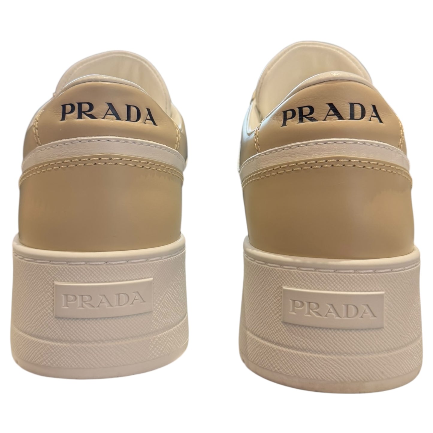 Prada Downtown Bold Leather Sneakers in Desert Beige and White - 39 / 6