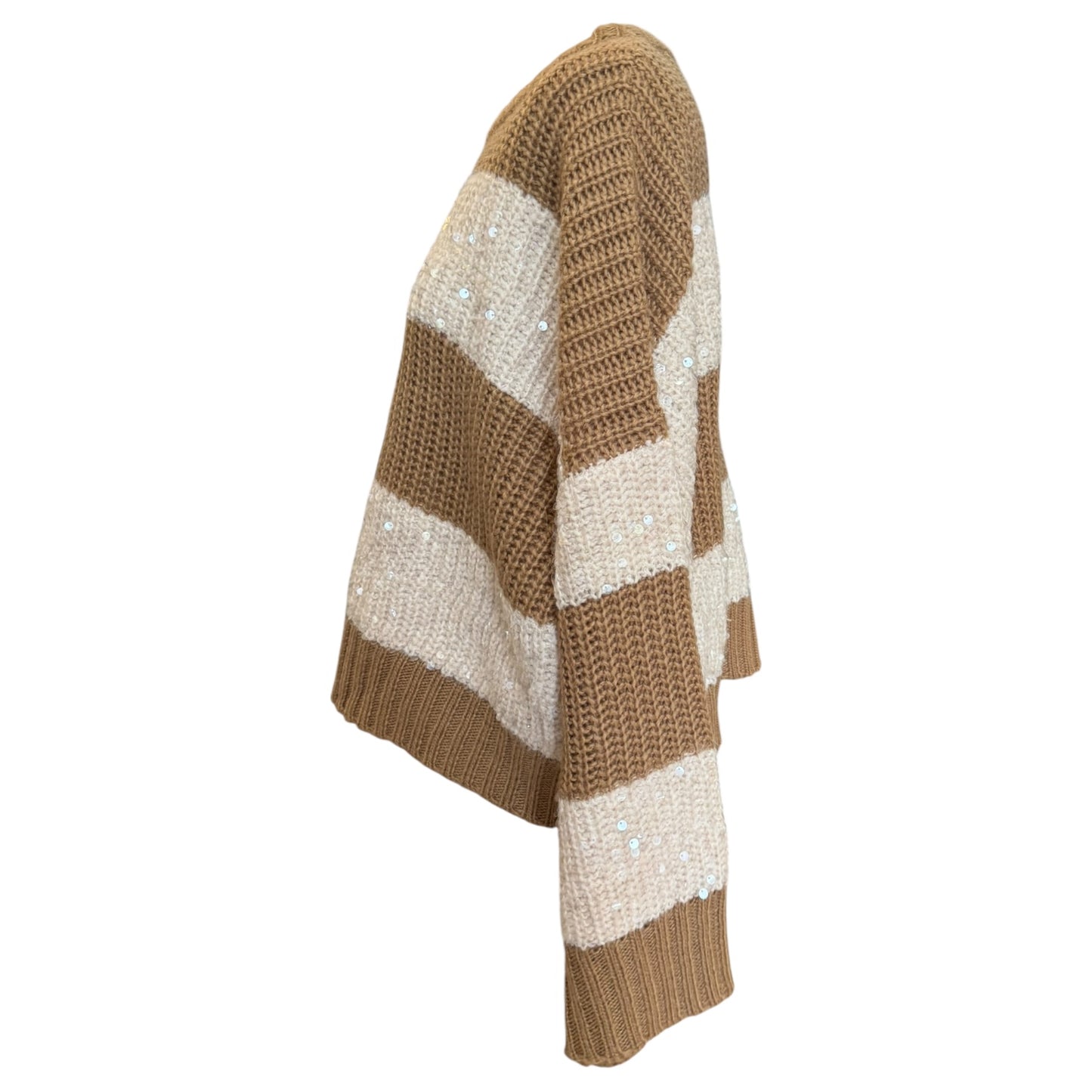 Essentiel Brown and Ecru Knit Sweater with Sequin-Embellished Stripes - 14/16 - NEW