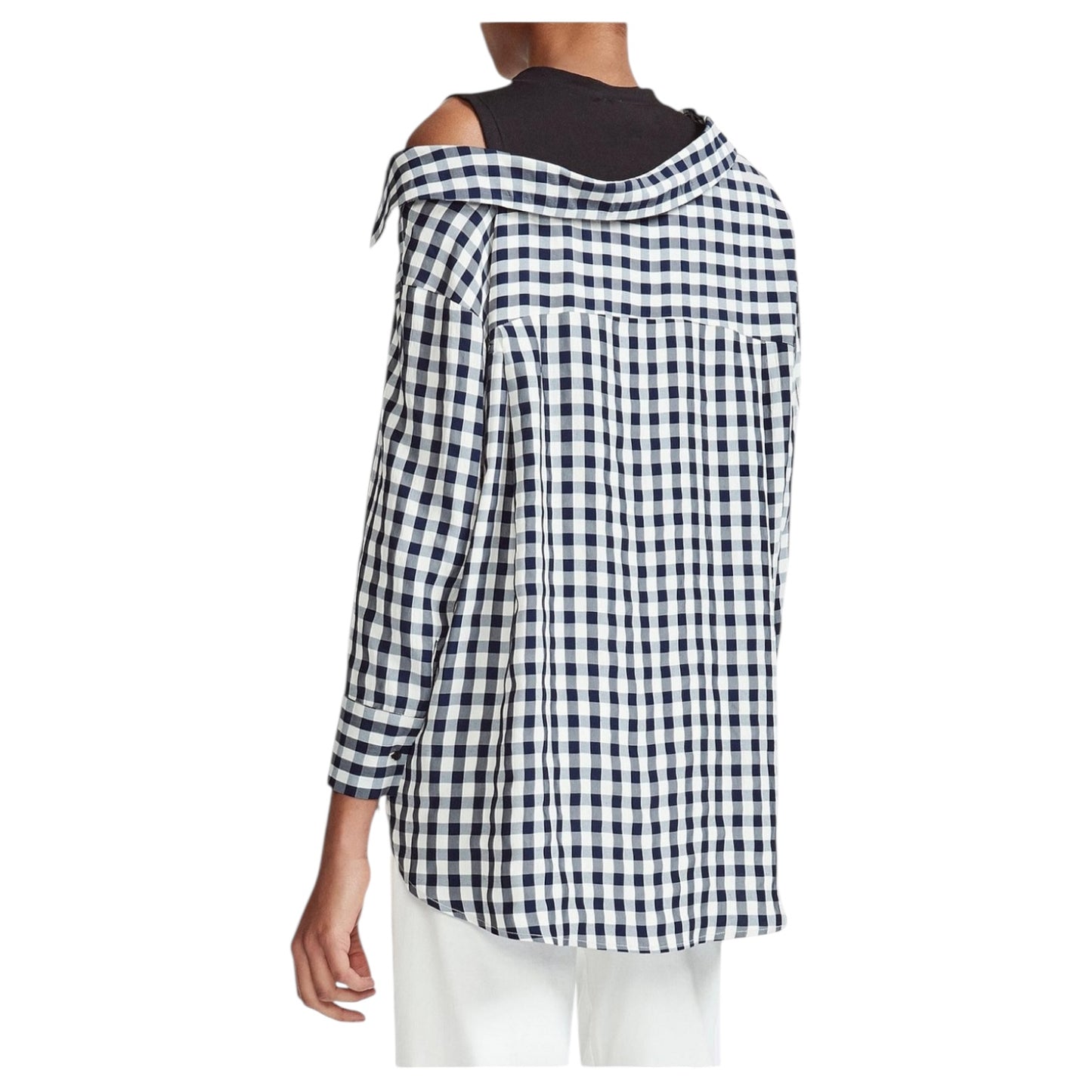 Maje Livie Layered Off Shoulder Black and Navy Check Top - 12