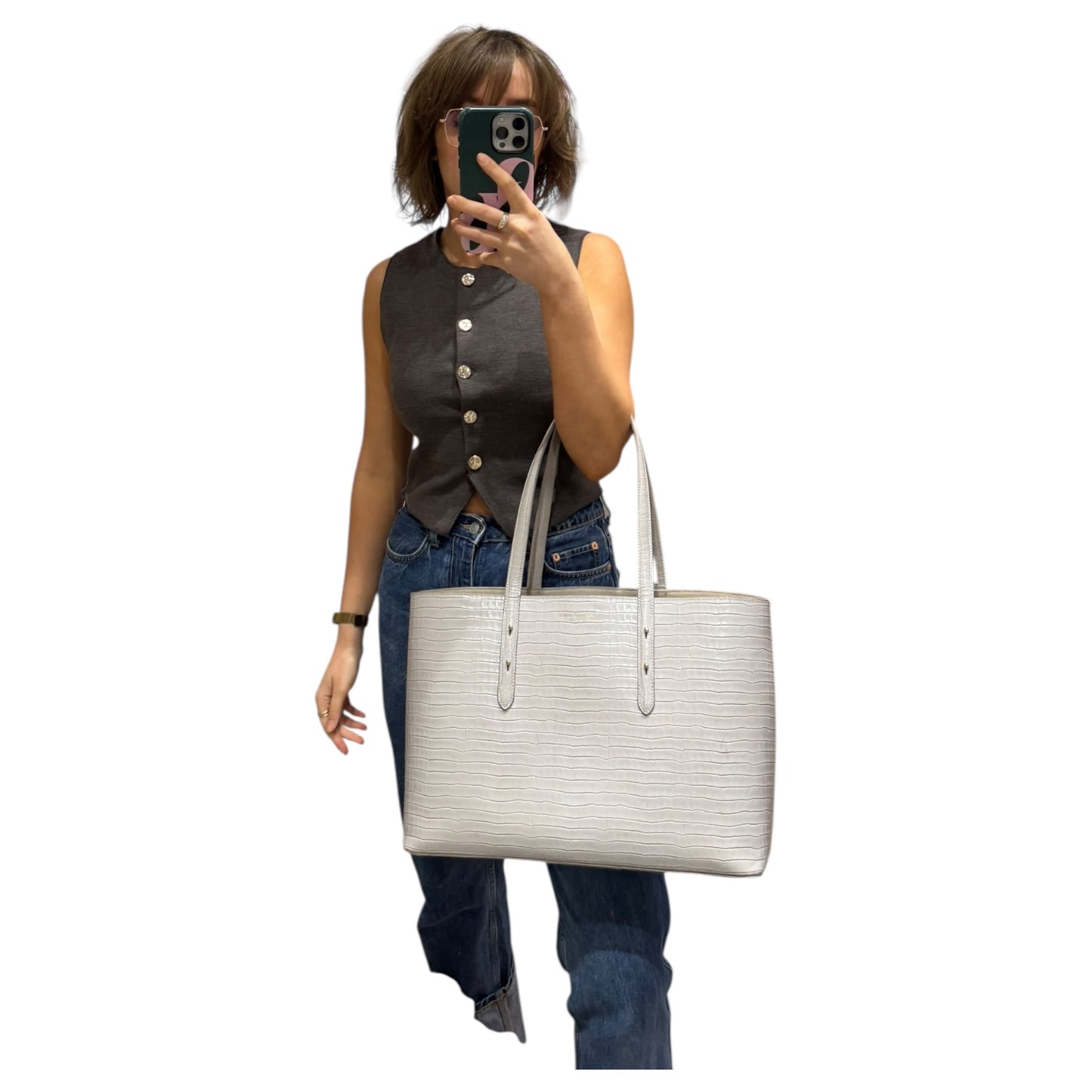 Aspinal of London Regent Tote Dove Grey Croc Leather Tote Bag