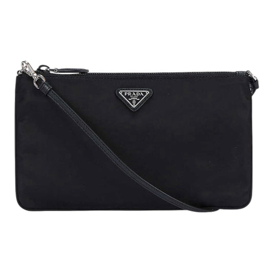 Prada Piatto Maniglia Nero Logo-Plaque Nylon Wristlet