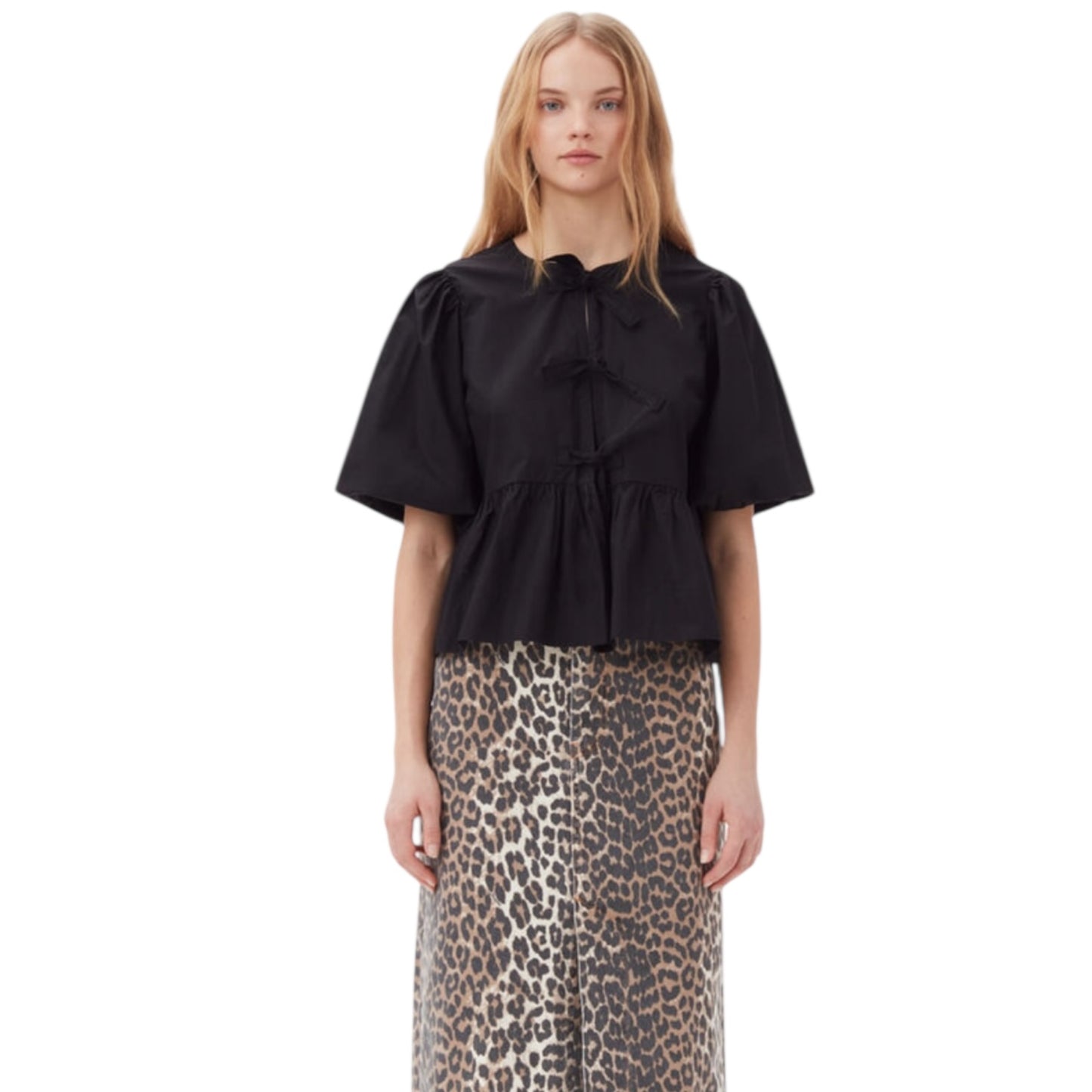 Ganni Black Tie Front Peplum Blouse - 12