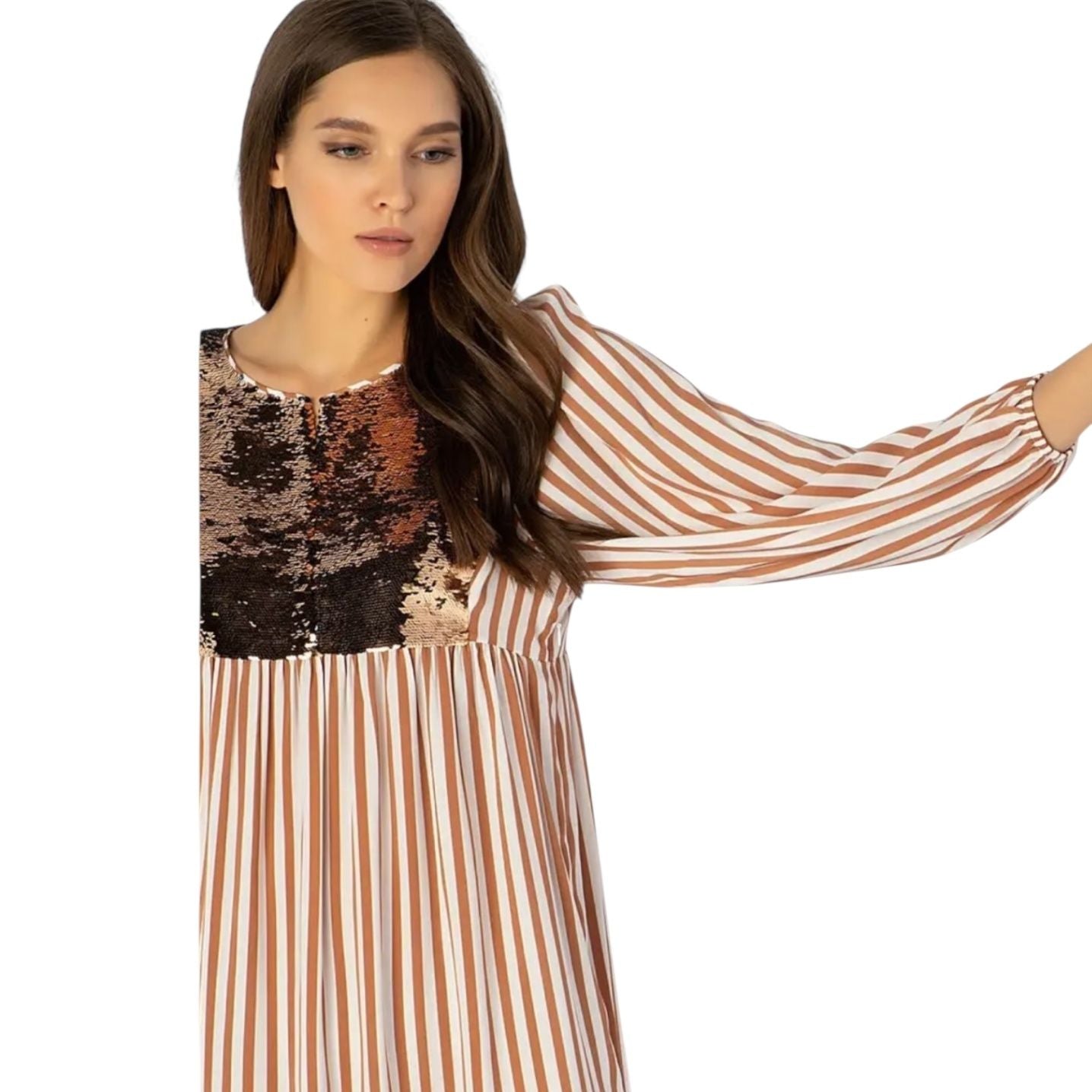 Steffen Schraut White/Brown Stripey and Sparkly Dress - UK 12