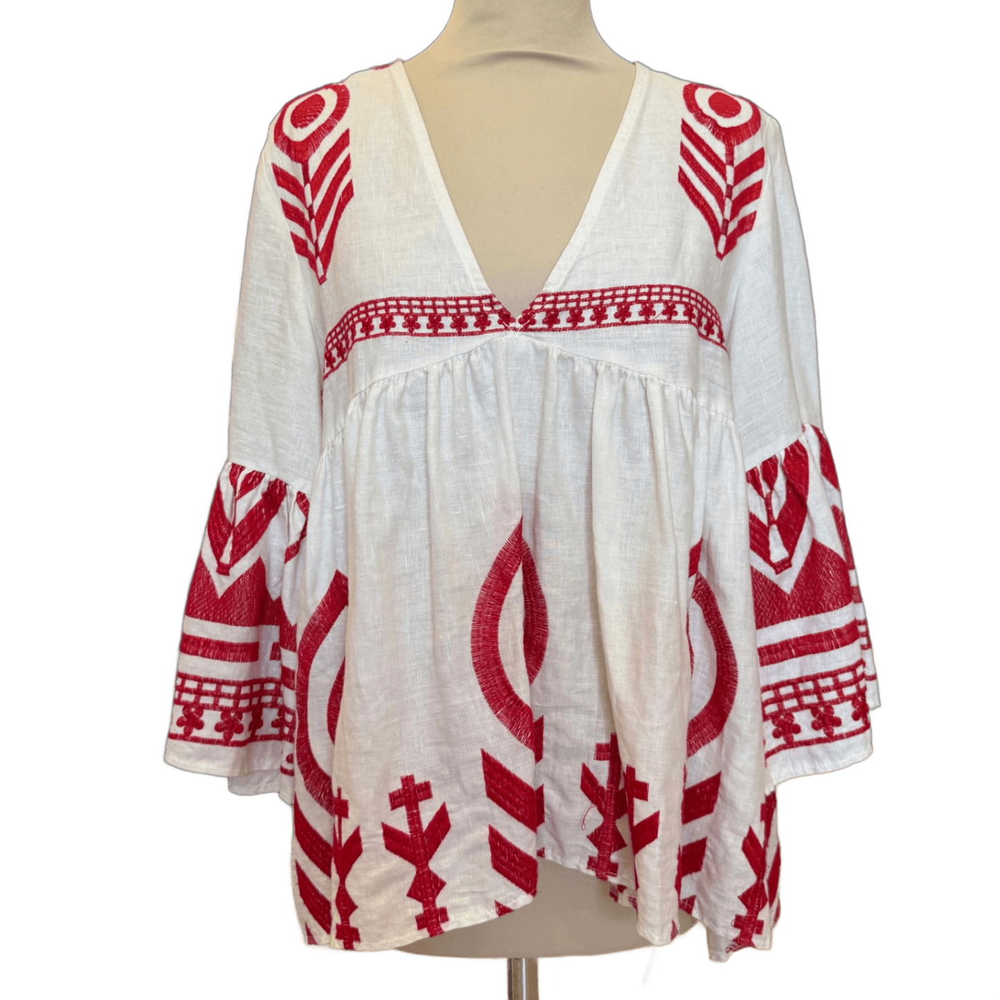 Greek Archaic Kori White with Red Embroidery Top - S / UK 10
