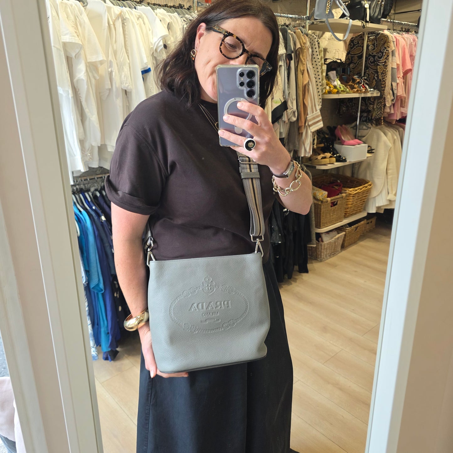 Prada Vitello Phenix Grey Bucket Bag