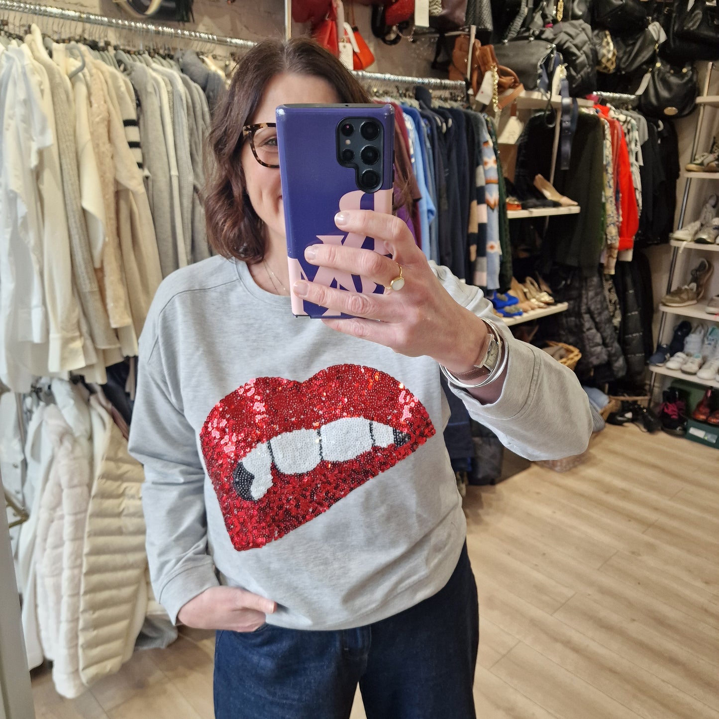 Soaked in Luxury Grey Lips Sweatshirt - M