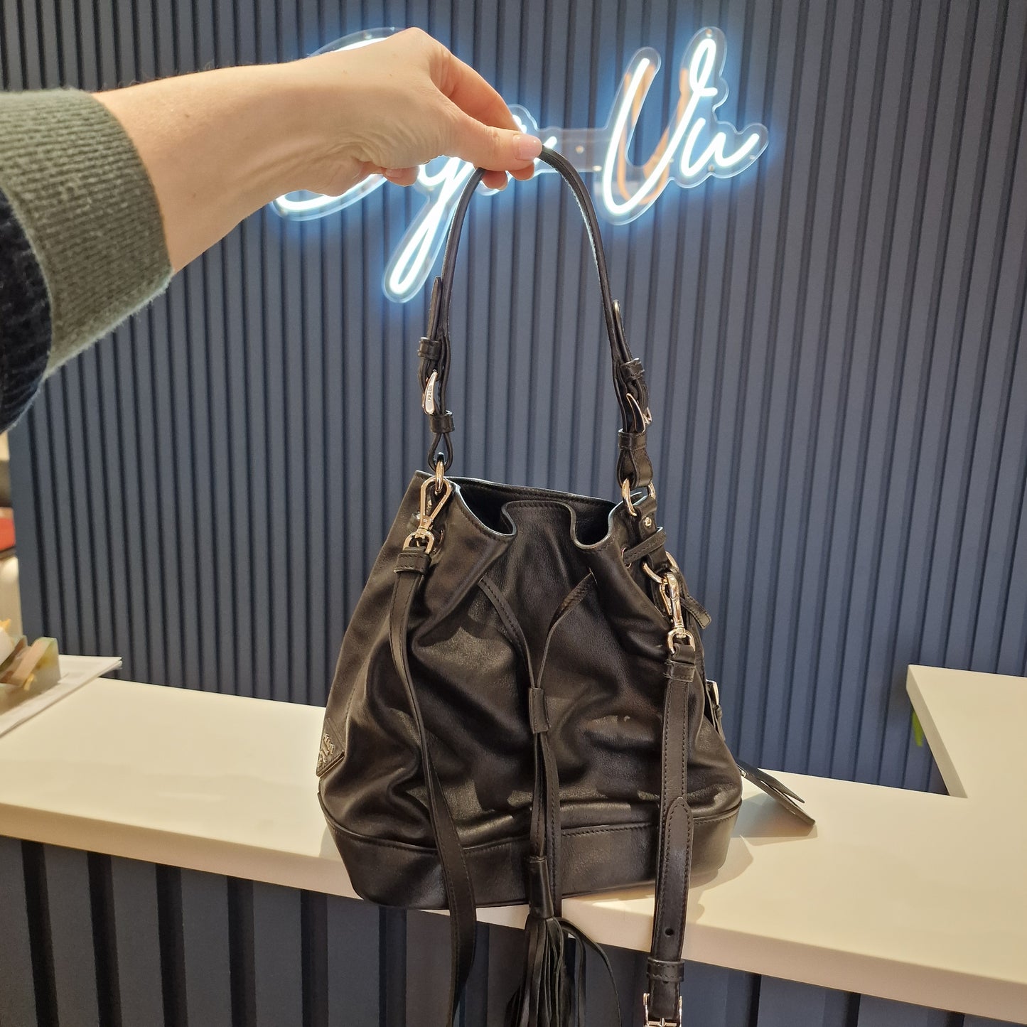 Prada Black Leather Bucket Bag