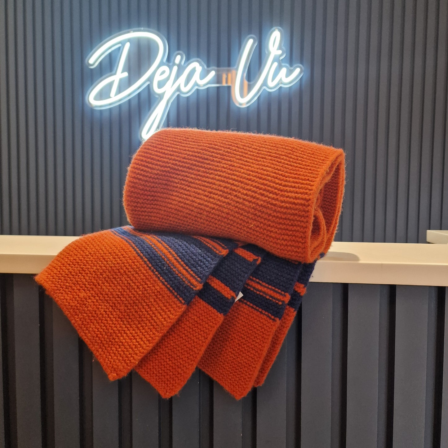Nigel Cabourn Orange and Blue Rib Knit Wool Scarf