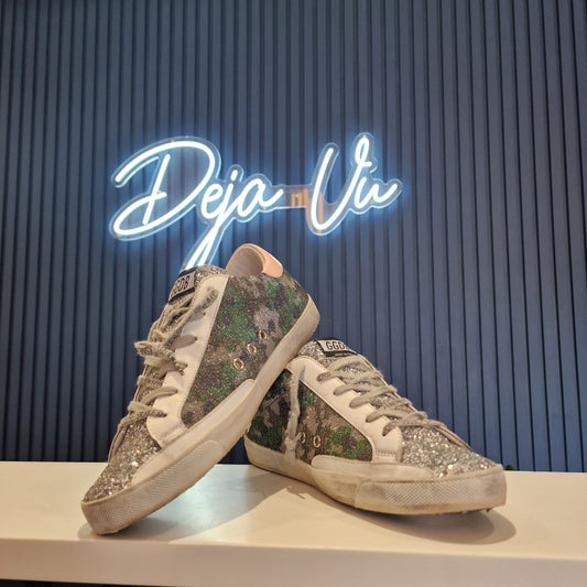 Golden Goose Super-Star Camo and Silver Glitter Sneakers 7