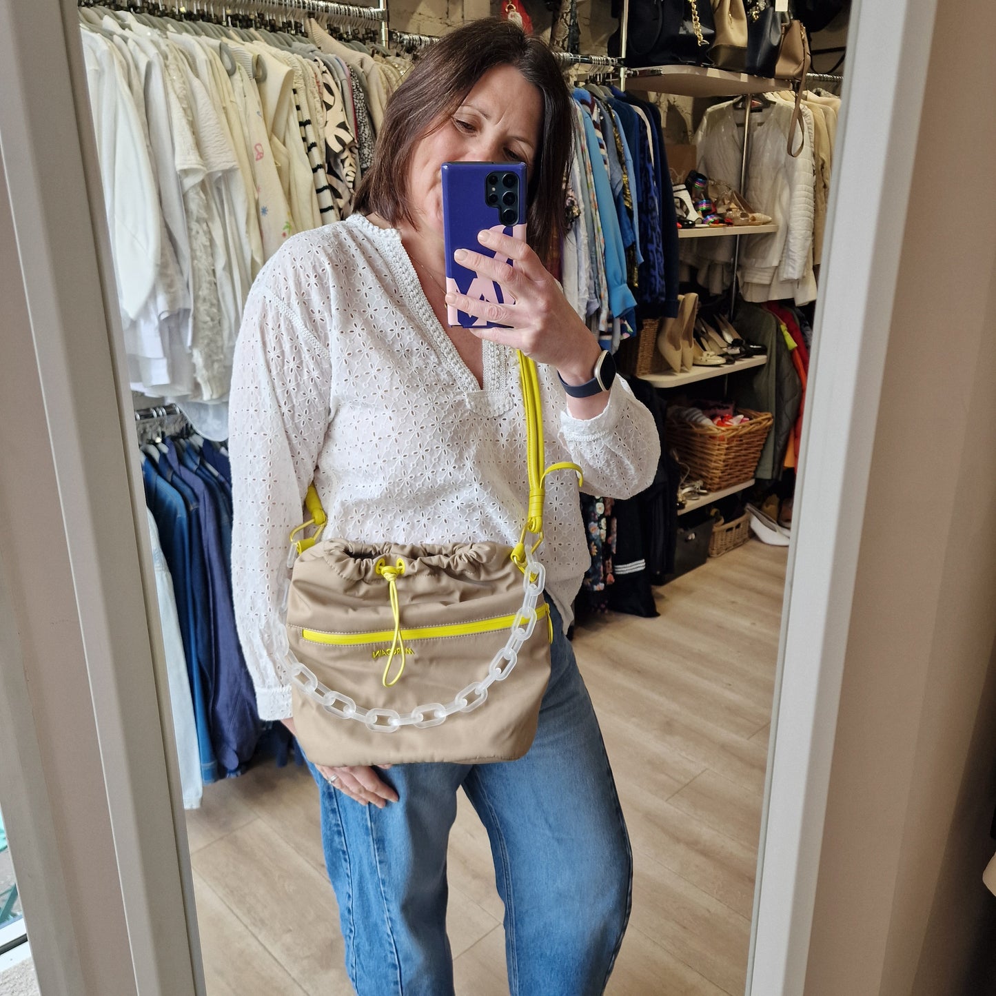 Marc Cain Beige & Yellow Canvas Drawstring Bag