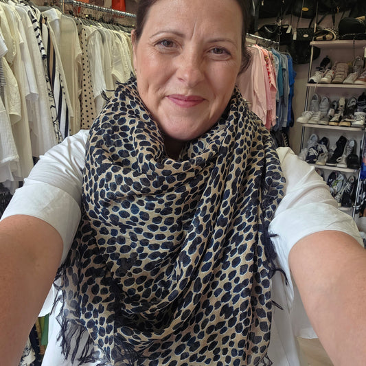 Chloe Fringed Camel, Navy and Black Print Cashmere and Silk Shawl