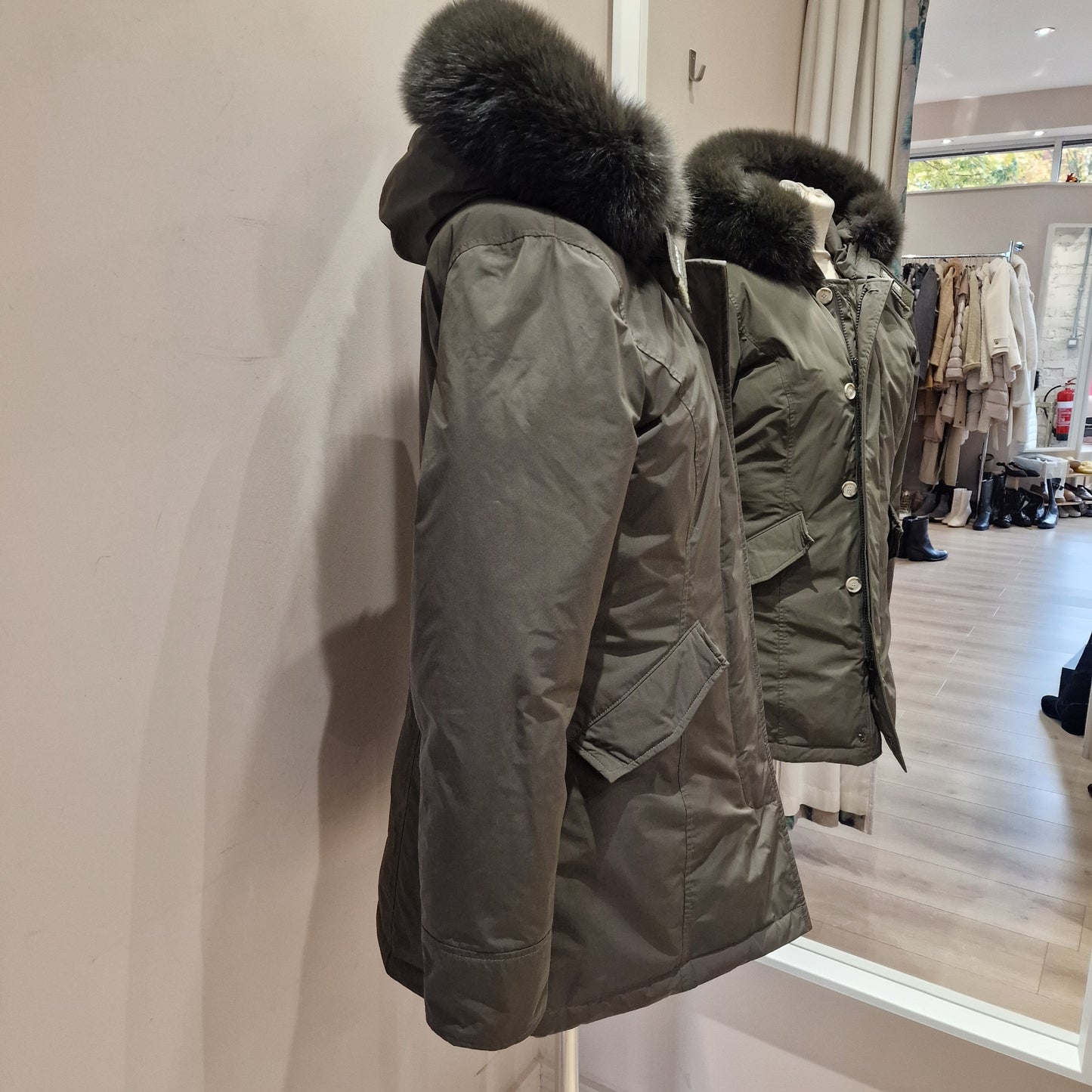 Woolrich Khaki Parka with Detachable Fur on Hood - Large/UK 12