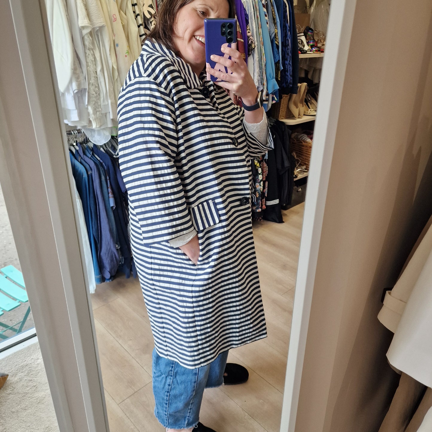 'S Max Mara Navy & White Stripe Coat - 12