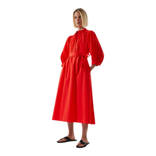 COS Tomato Red Puff-Sleeve Belted Dress - 12/14