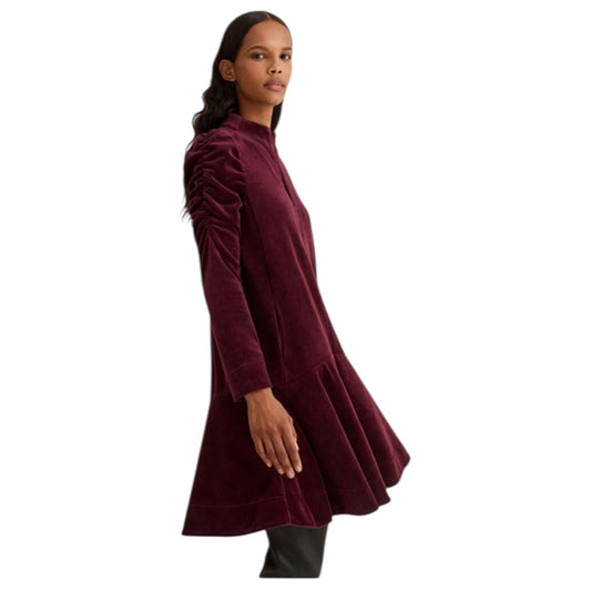 Me + Em Burgundy Ruche Sleeve Stretch Velvet Swing Dress - 12