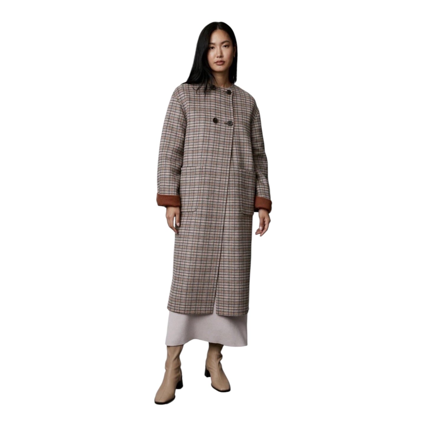 Jaeger Reversible Brown and Check Coat with Scarf - 12