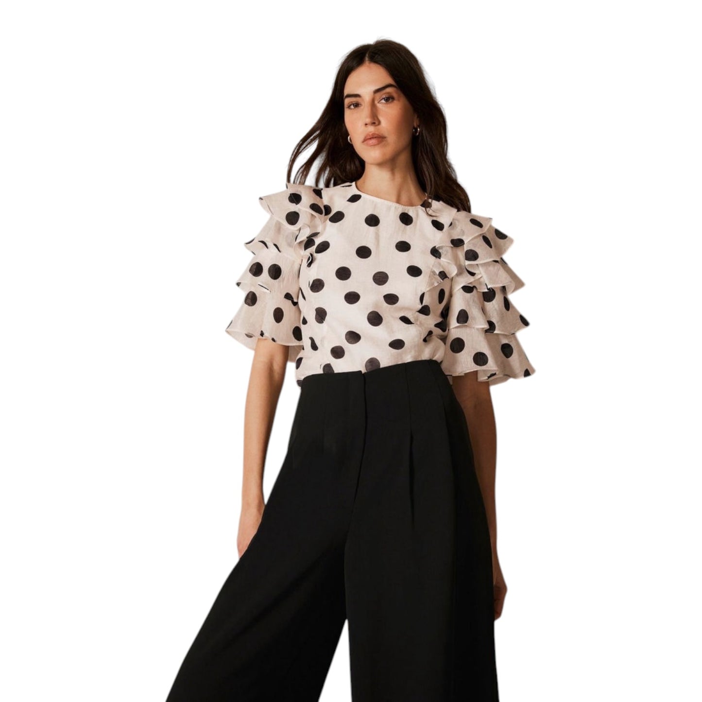 Mint Velvet Polka Dot Ruffle Linen Blend Top - 18 - NEW