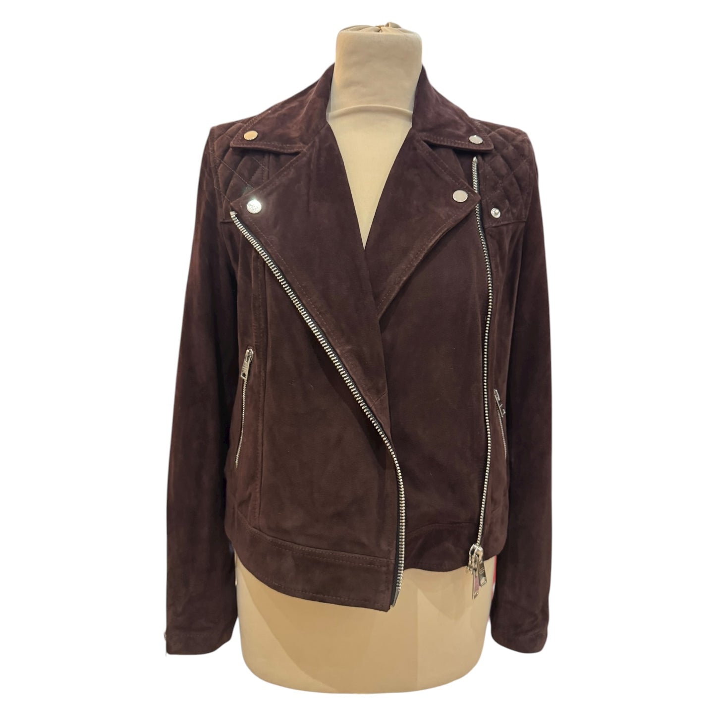 All Saints Caden Suede Biker Jacket in Oxblood Brown - 8 - NEW