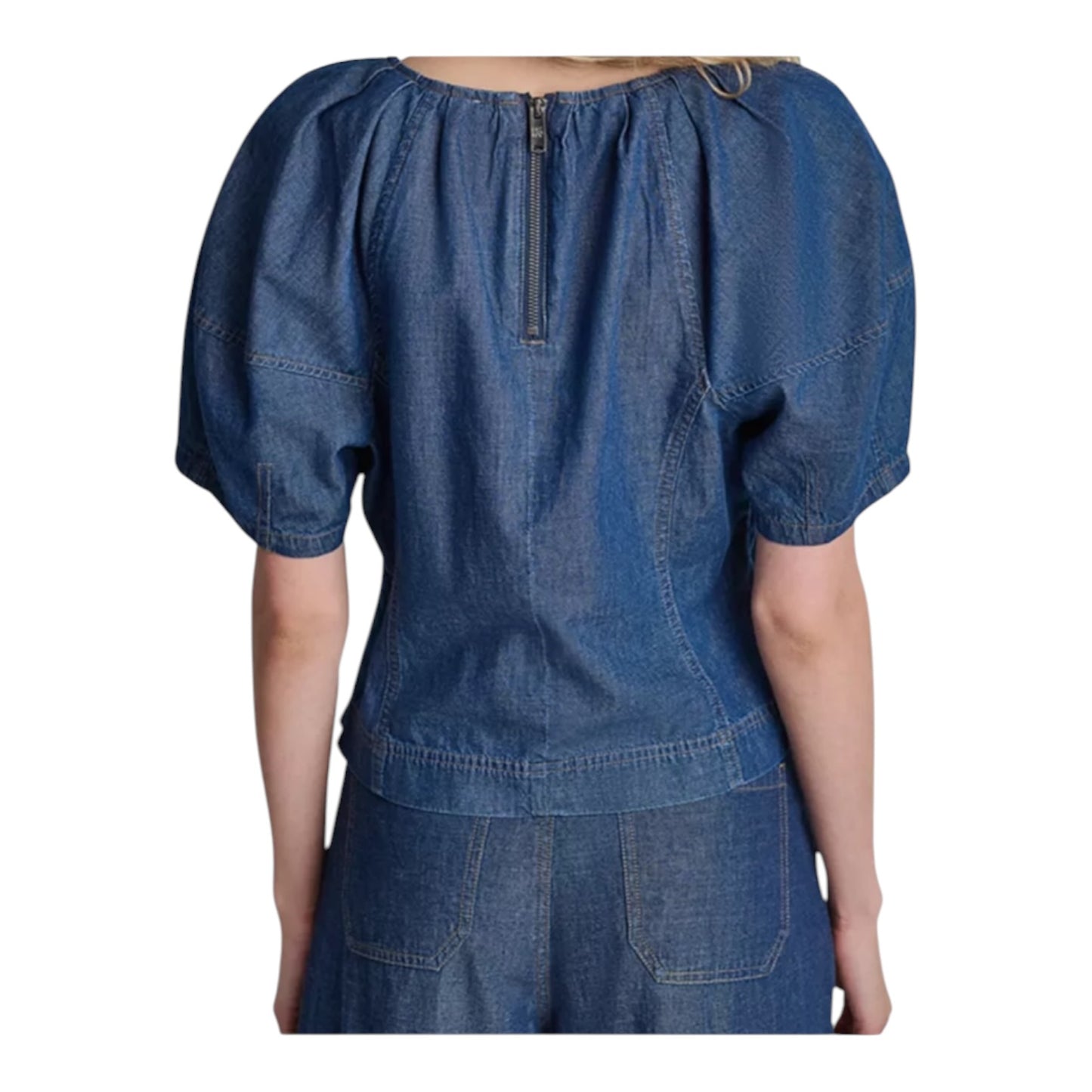 DKNY Denim Scoop Neck Puff-Sleeve Top - 12