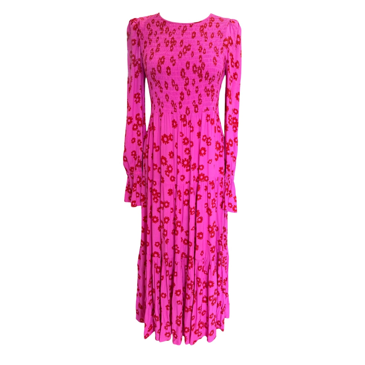 Kitri Petra Pink Daisy Print Shirred Dress - 12