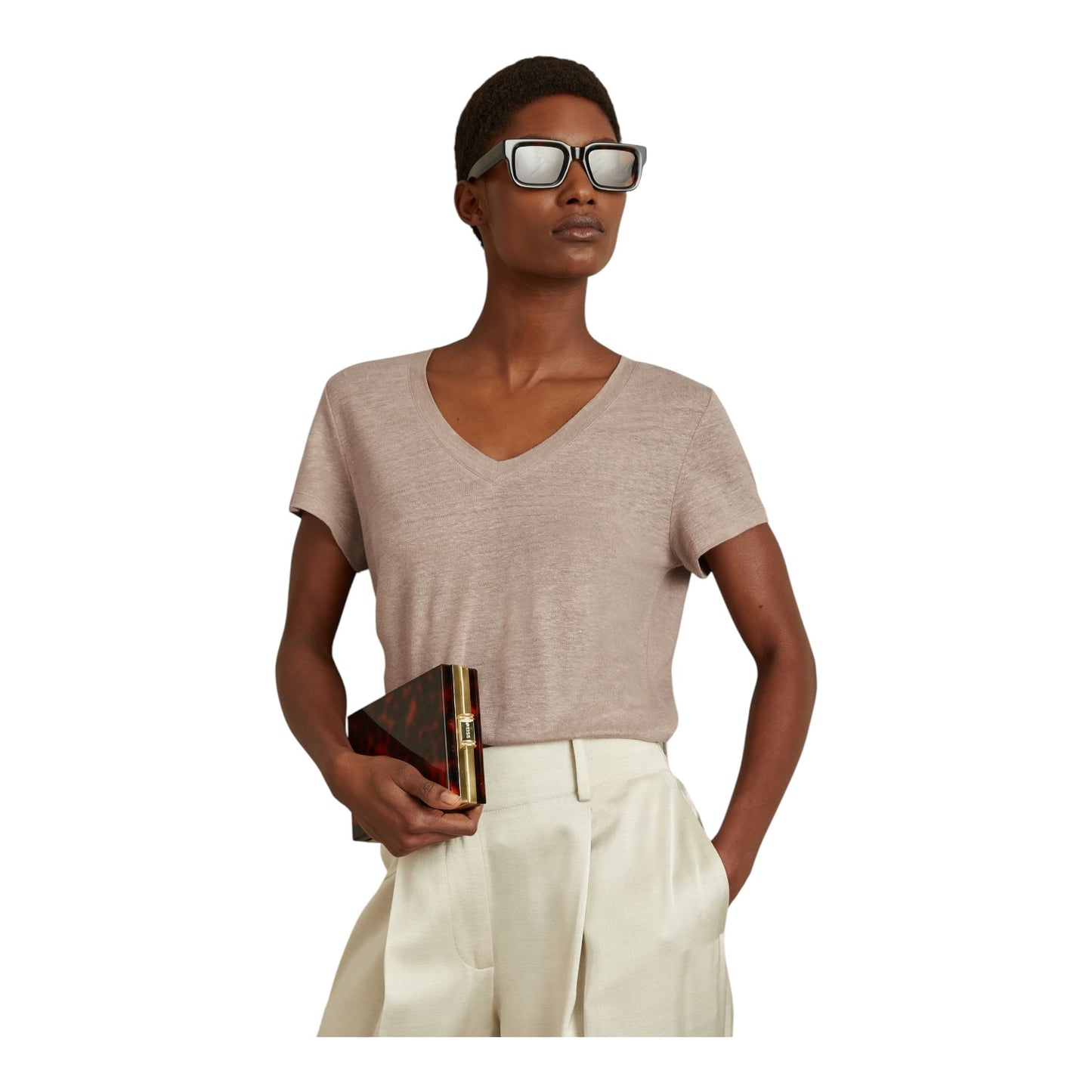 Reiss Lottie Linen V Neck T-Shirt in Mink - 12